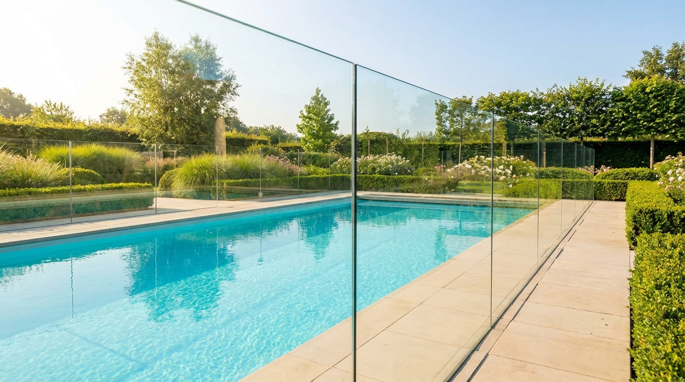 Piscine extérieure protégée par une barrière de sécurité transparente en verre, intégrée dans un jardin verdoyant et ensoleillé.